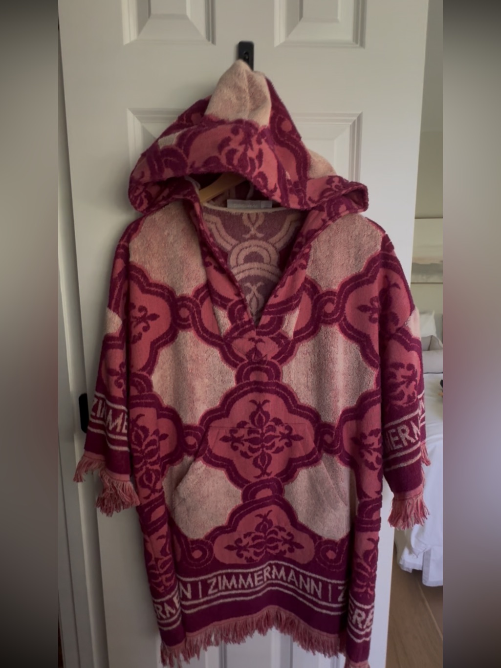 Zimmermann Pink And Raspberry Hooded Patterned Terry Cloth Poncho